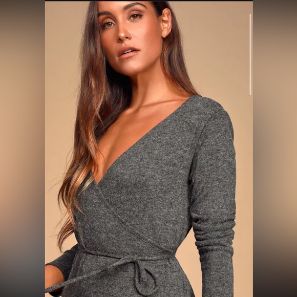 Lulus Flattering Charcoal Grey Wrap Tie Knit Sweater - Picture 7 of 14
